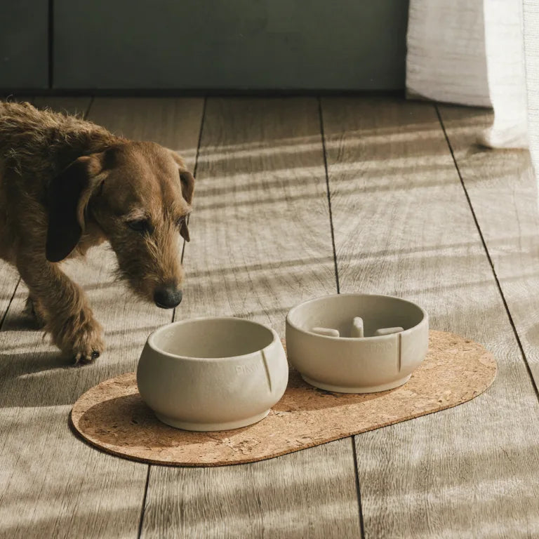 Golden retriever eating from two sand-coloured PINO bowls on a round woven placemat