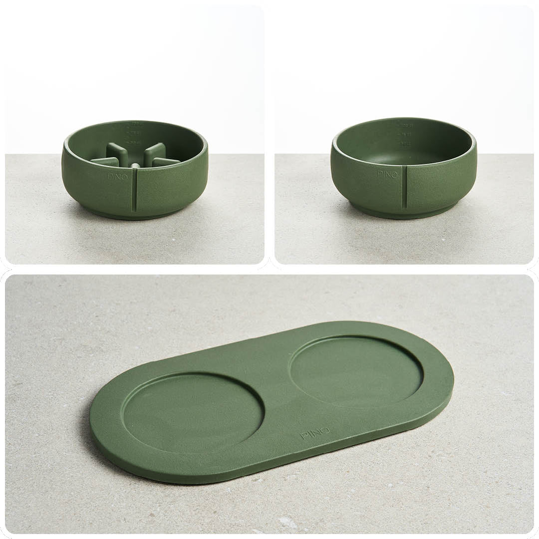 PINO Bundel voor Snelle Eters Medium in Crocodile Green: Anti-Schrok Voerbak, effen Classic Voerbak en Plateau