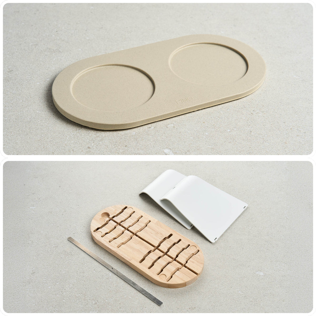 The PINO Perfect Posture Bundle in Owl Greige: Tray for Dogs and the parts of the Raised Tray Extension