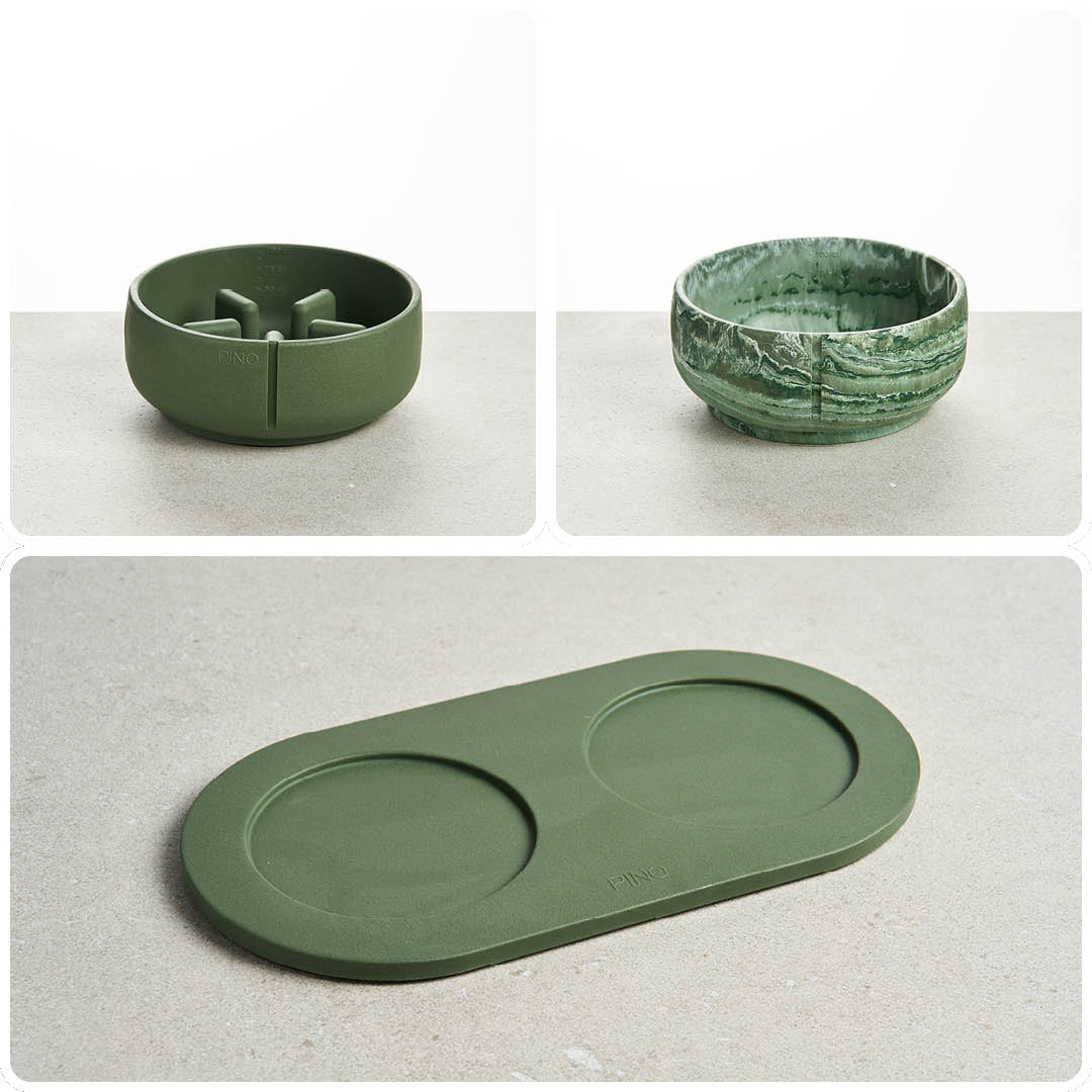 PINO Bundel voor Snelle Eters Medium in Crocodile Green: Anti-Schrok Voerbak, gemarmerde Classic Voerbak en Plateau