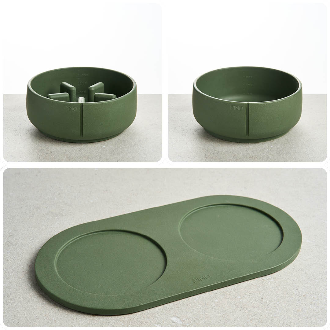 PINO Bundel voor Snelle Eters Large in Crocodile Green: Anti-Schrok Voerbak, effen Classic Voerbak en Plateau