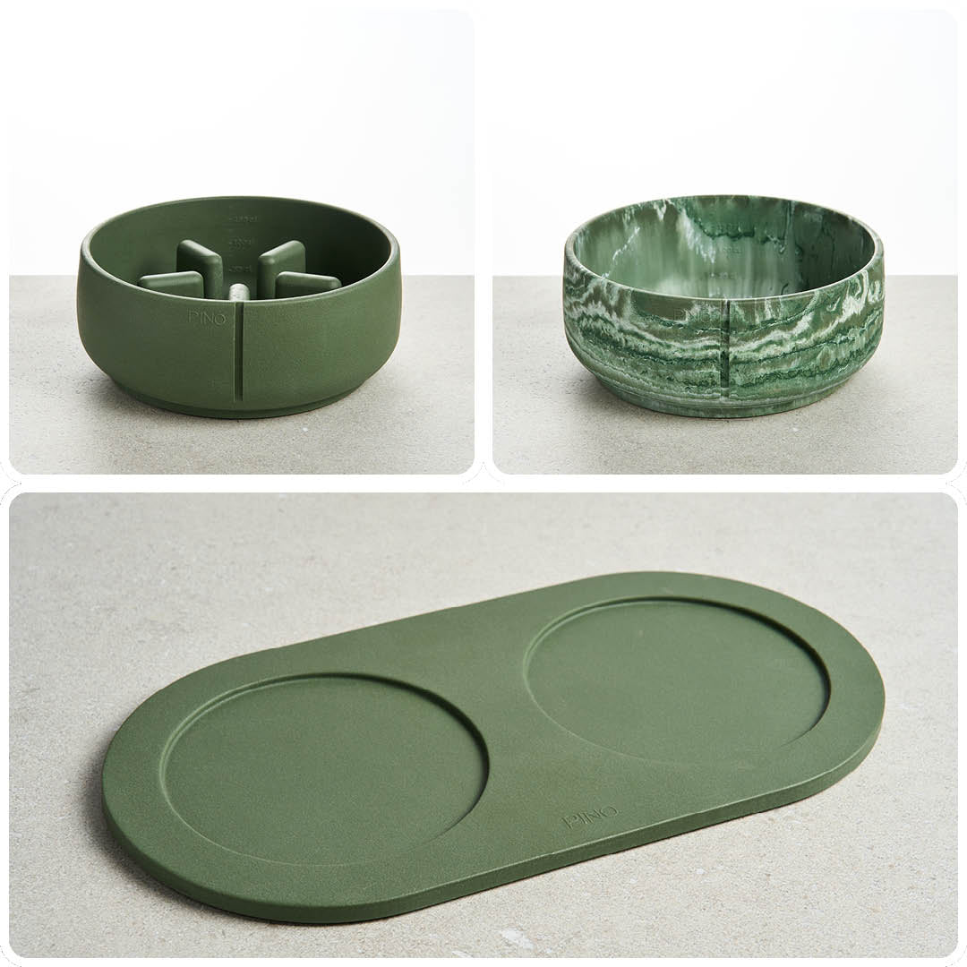 PINO Bundel voor Snelle Eters Large in Crocodile Green: Anti-Schrok Voerbak, gemarmerde Classic Voerbak en Plateau