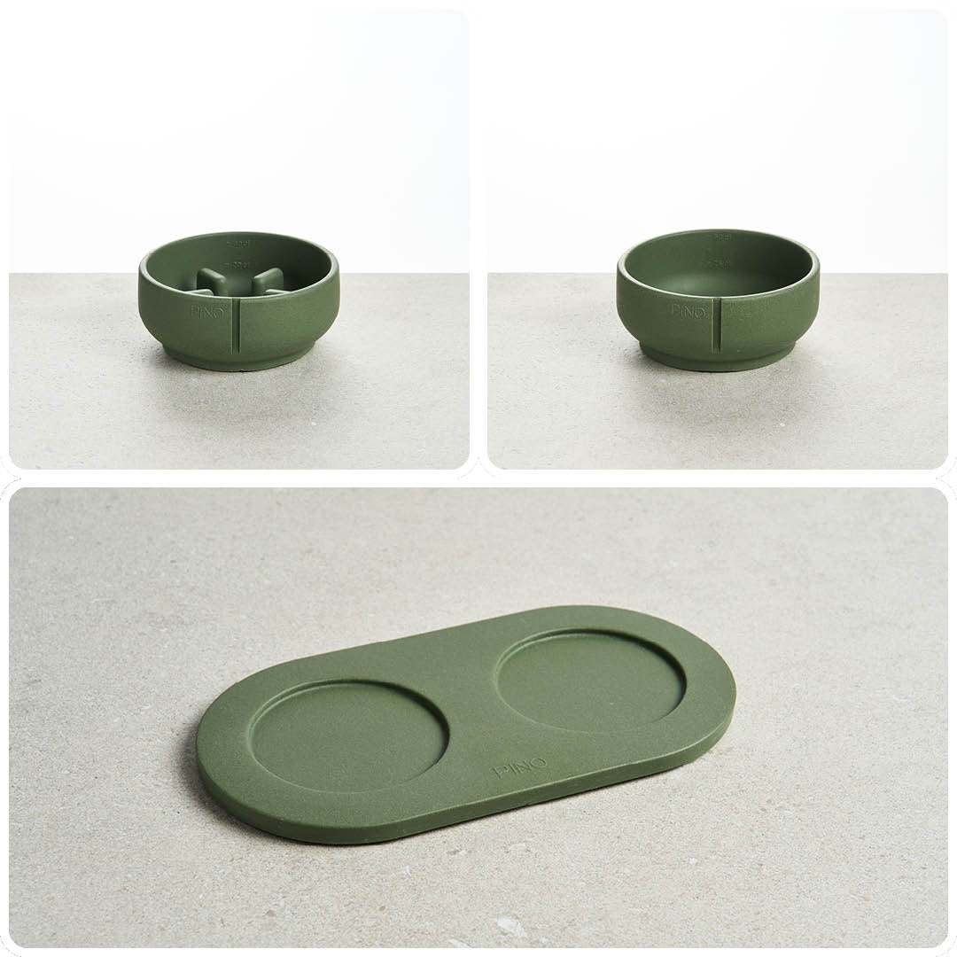 PINO Bundel voor Snelle Eters Small in Crocodile Green: Anti-Schrok Voerbak, effen Classic Voerbak en Plateau