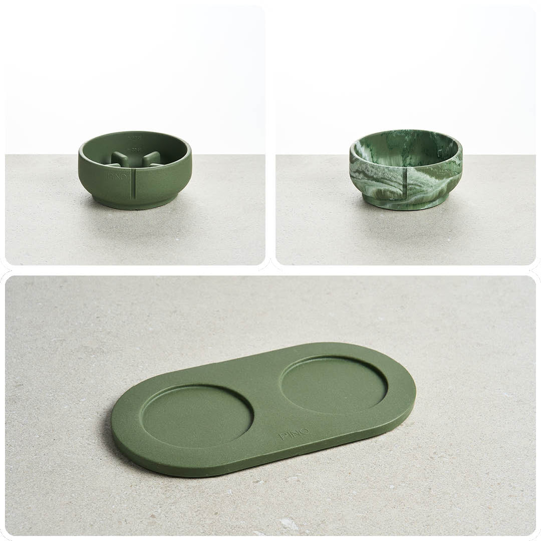 PINO Bundel voor Snelle Eters Small in Crocodile Green: Anti-Schrok Voerbak, gemarmerde Classic Voerbak en Plateau