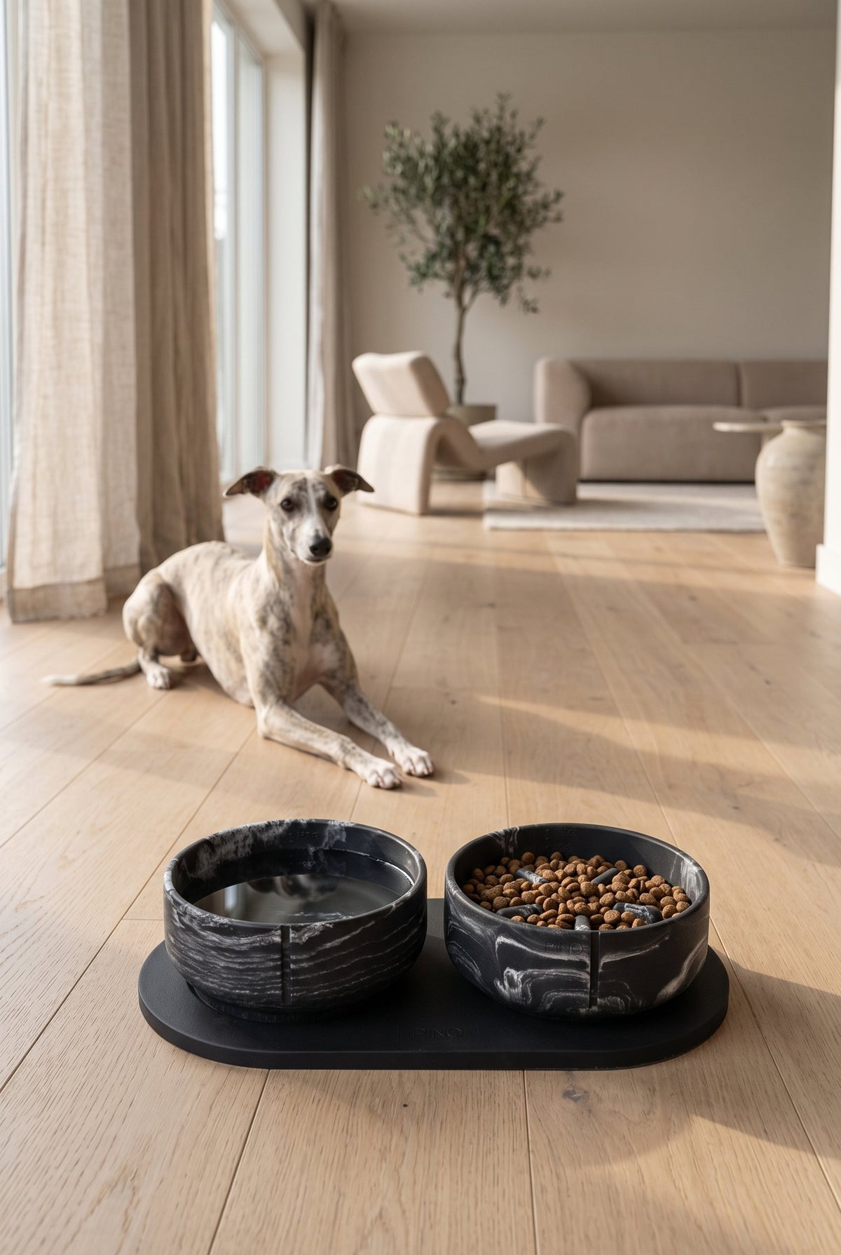 A whippet lying behind two marbled Black Panther bowls on a black tray