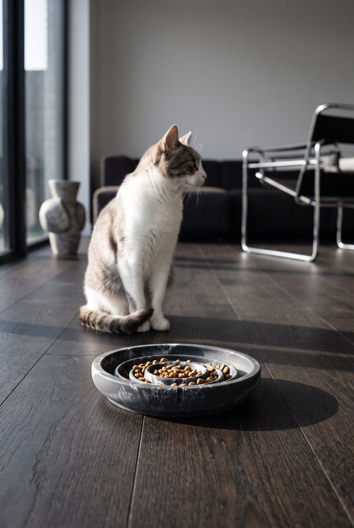 A cat sitting behind a marbled Black Panther Flat Slow Feeder Bowl with kibble, on a dark wooden floor